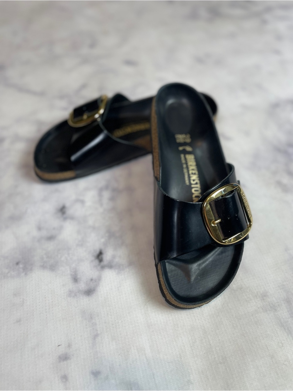 Birkenstock Madrid Big Buckle Black High Shine Patent Leather Slide Sandals Sz39